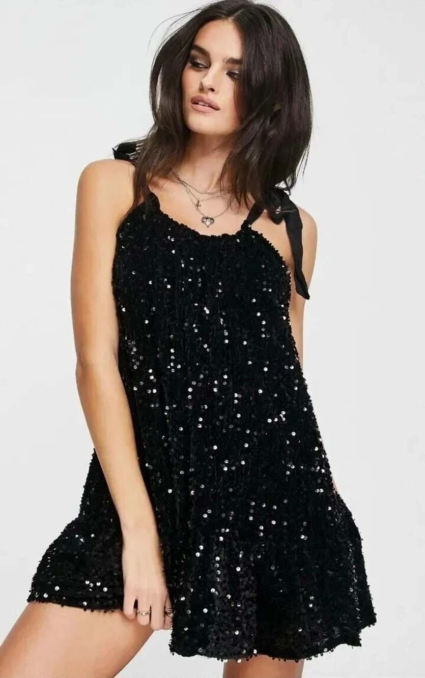 Free People Nova Convertible Sequin Mini Dress Black Size S NEW